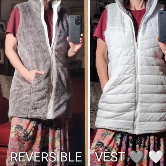 Women's Long Reversible White Quilted Or Gray Faux Fur Vest - Picture 1 of 14